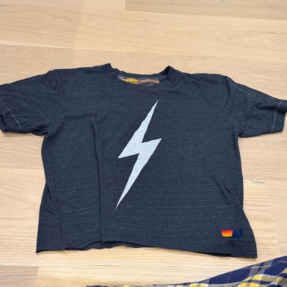 Aviator Nation Black Tee with Silver Lightning Bolt